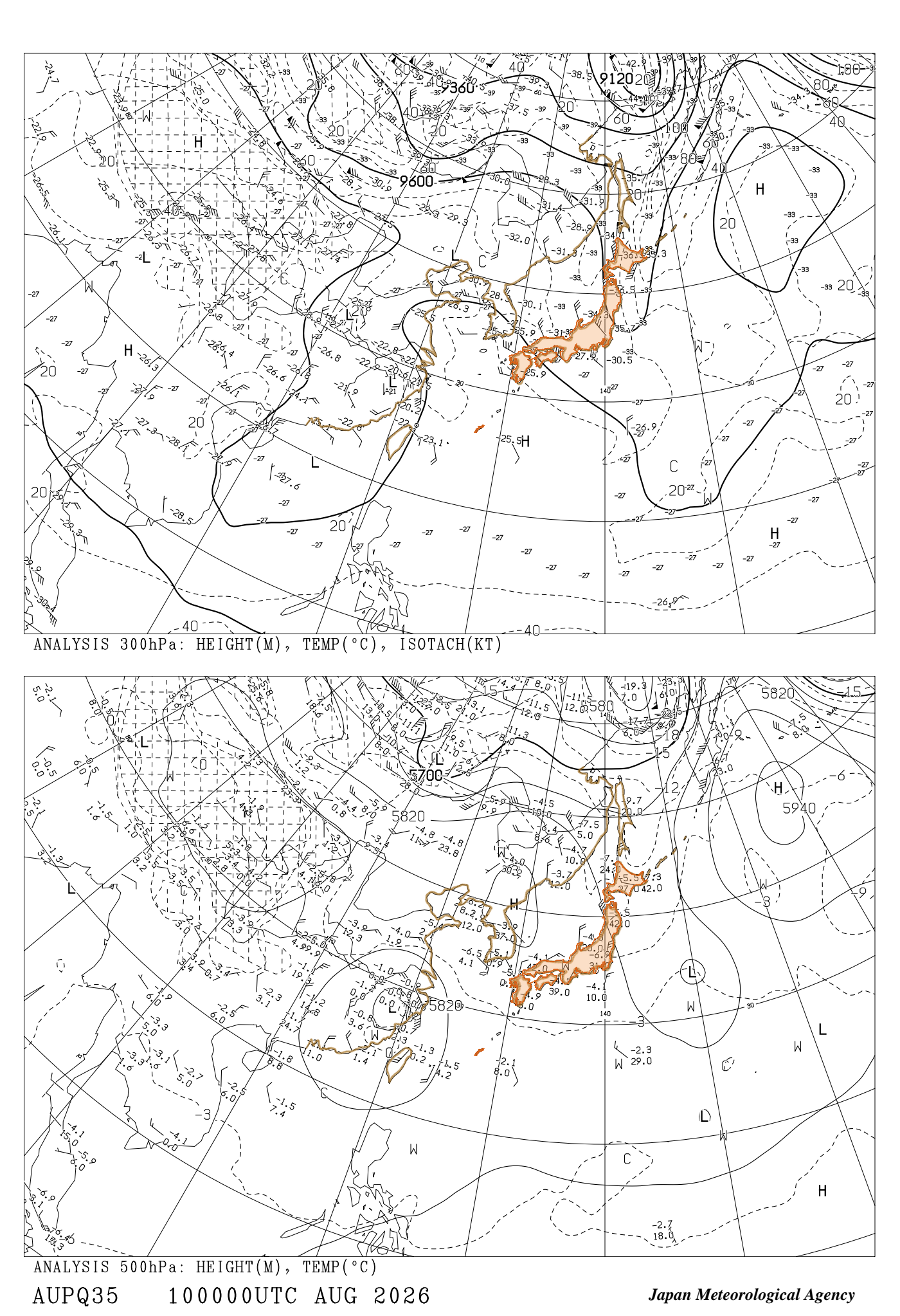 AUPQ35（500hPa / 300hPa 実況）［00UTC］