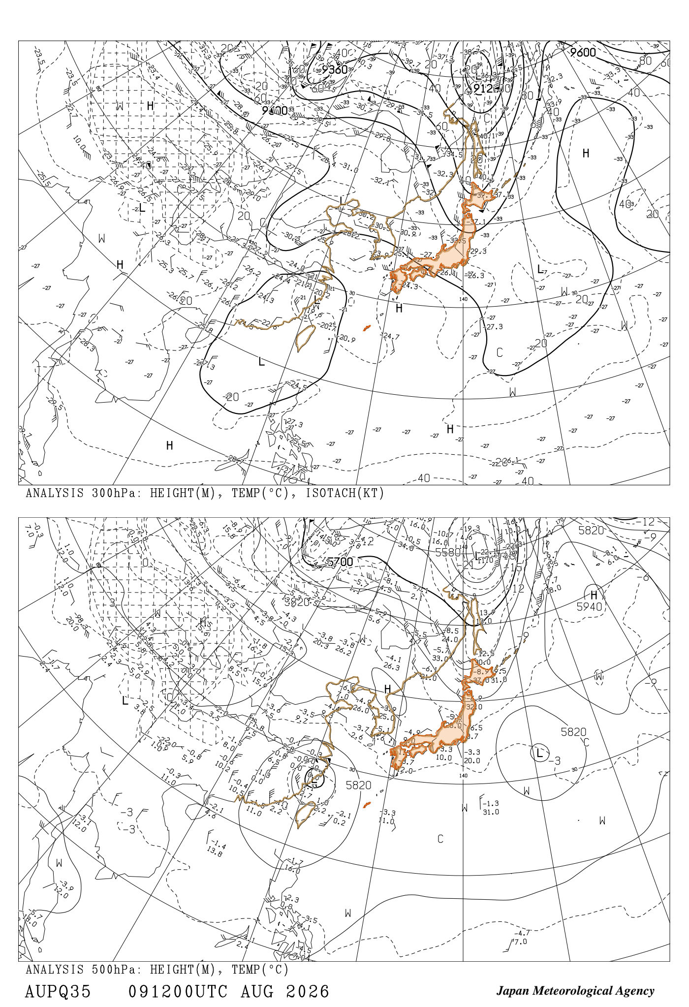 AUPQ35（500hPa / 300hPa 実況）［12UTC］