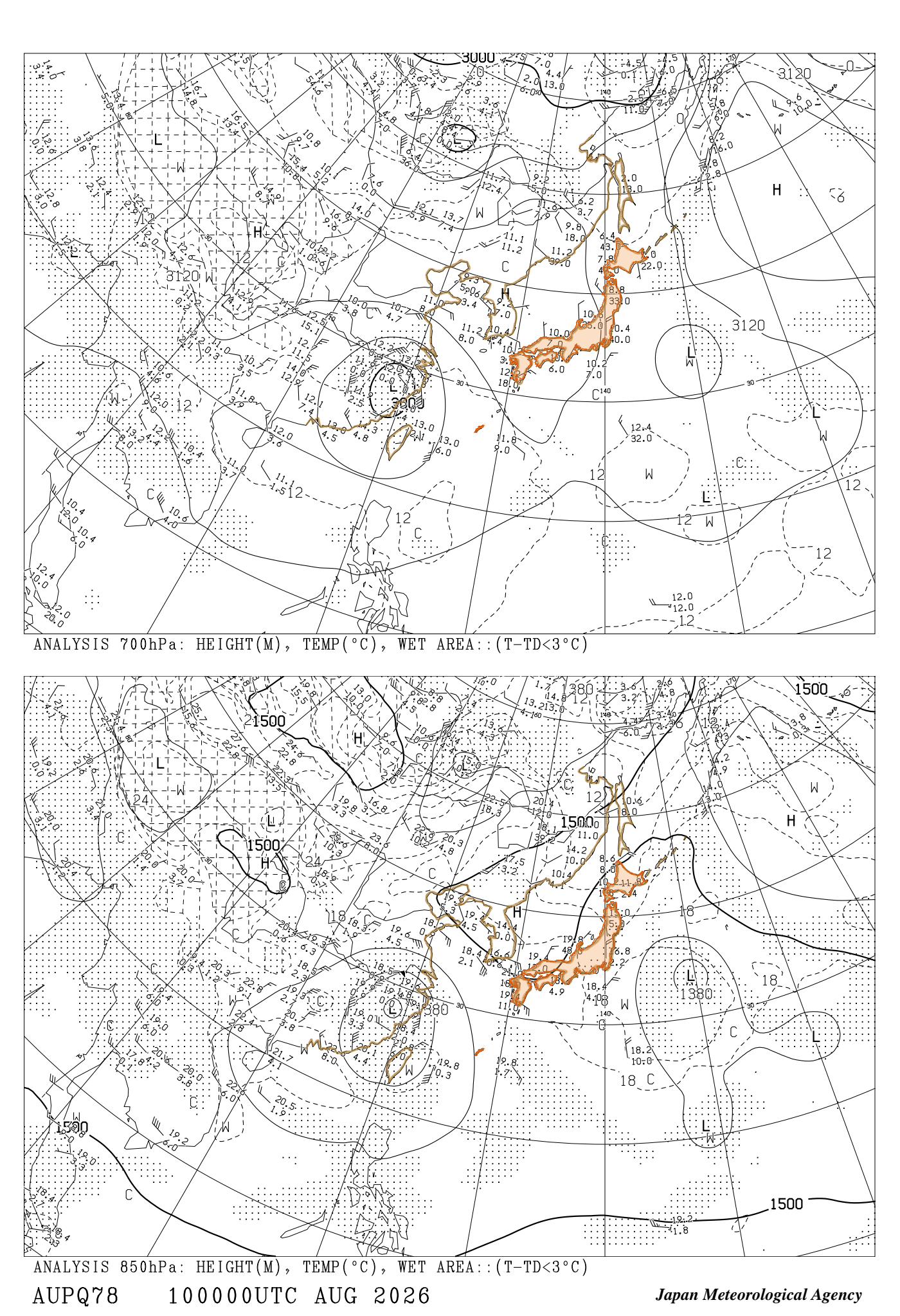 AUPQ78（850hPa / 700hPa 実況）［00UTC］
