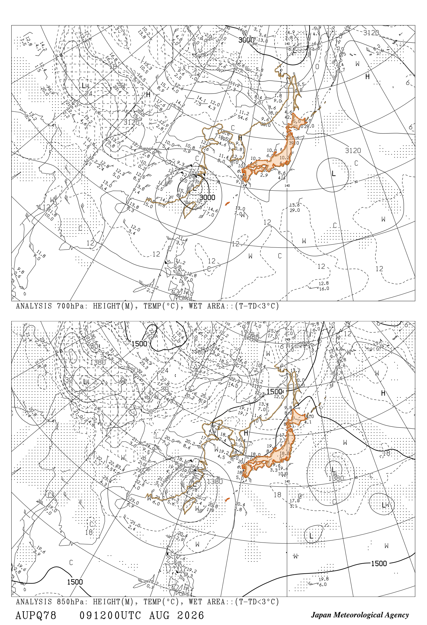 AUPQ78（850hPa / 700hPa 実況）［12UTC］